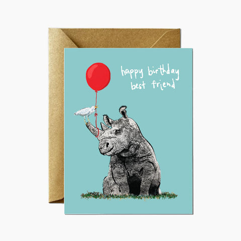 Happy Birthday Rhino + Cattle Egret — Birthday Greeting Card