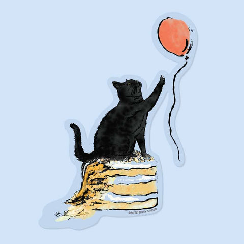 Black Cat + Red Balloon Clear Sticker—Birthday Sticker, 4 inch