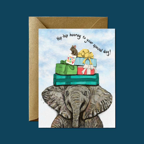 Hip-hip Hooray Elephant and Mouse — Birthday Greeting Card